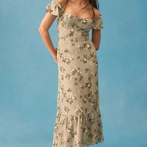 Reformation Butterfly Dress size 8 10 Green Floral Midi Off-shoulder
